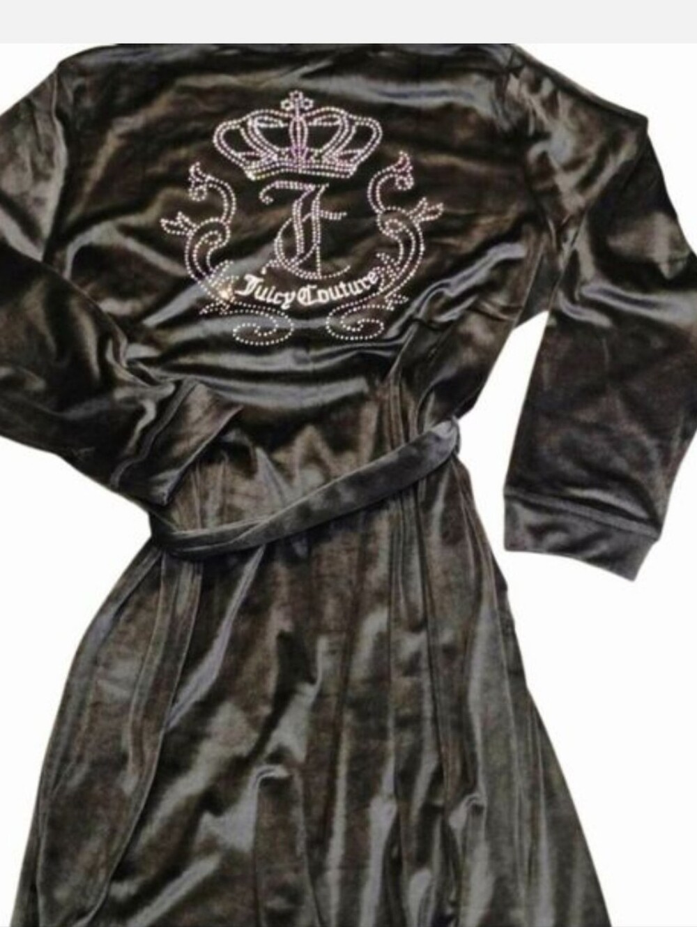 Juicy Couture Black Velour Robe with Rhinestone Crest - Size S/M